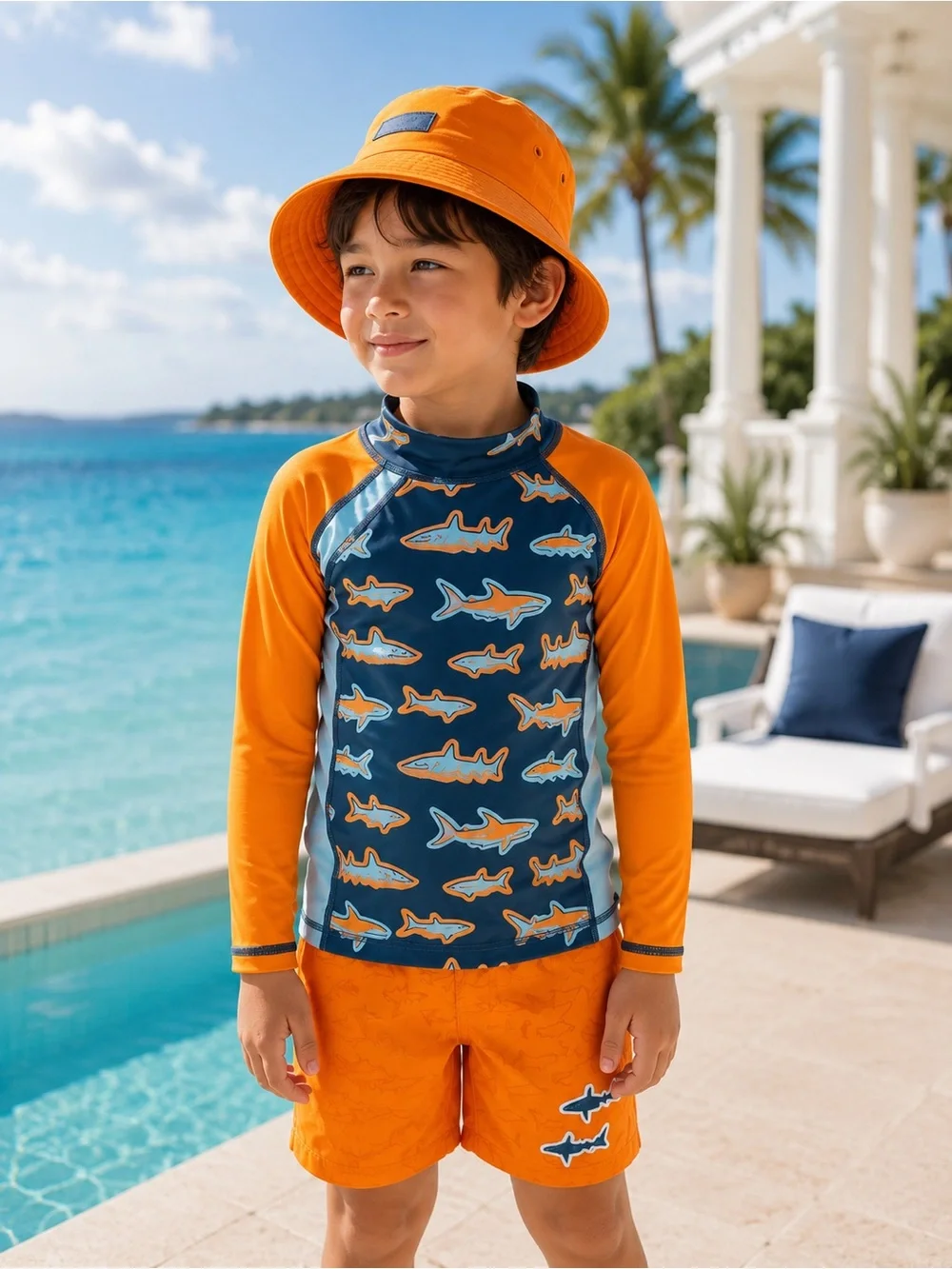Orange and Blue Rashguard Swim Set with Sun Protection 🧴 🌴